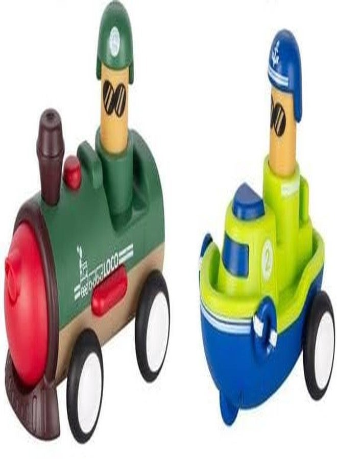 GoldiMec Pack of 2 Toy Cars Push and Go Play Set Friction Powered Car Pull Back Vehicles Transport Tools Gifts for Babies Toddlers Kids Boys Girls Age 3+ Years Old (Train and Boat) Multi Colour - Image 1